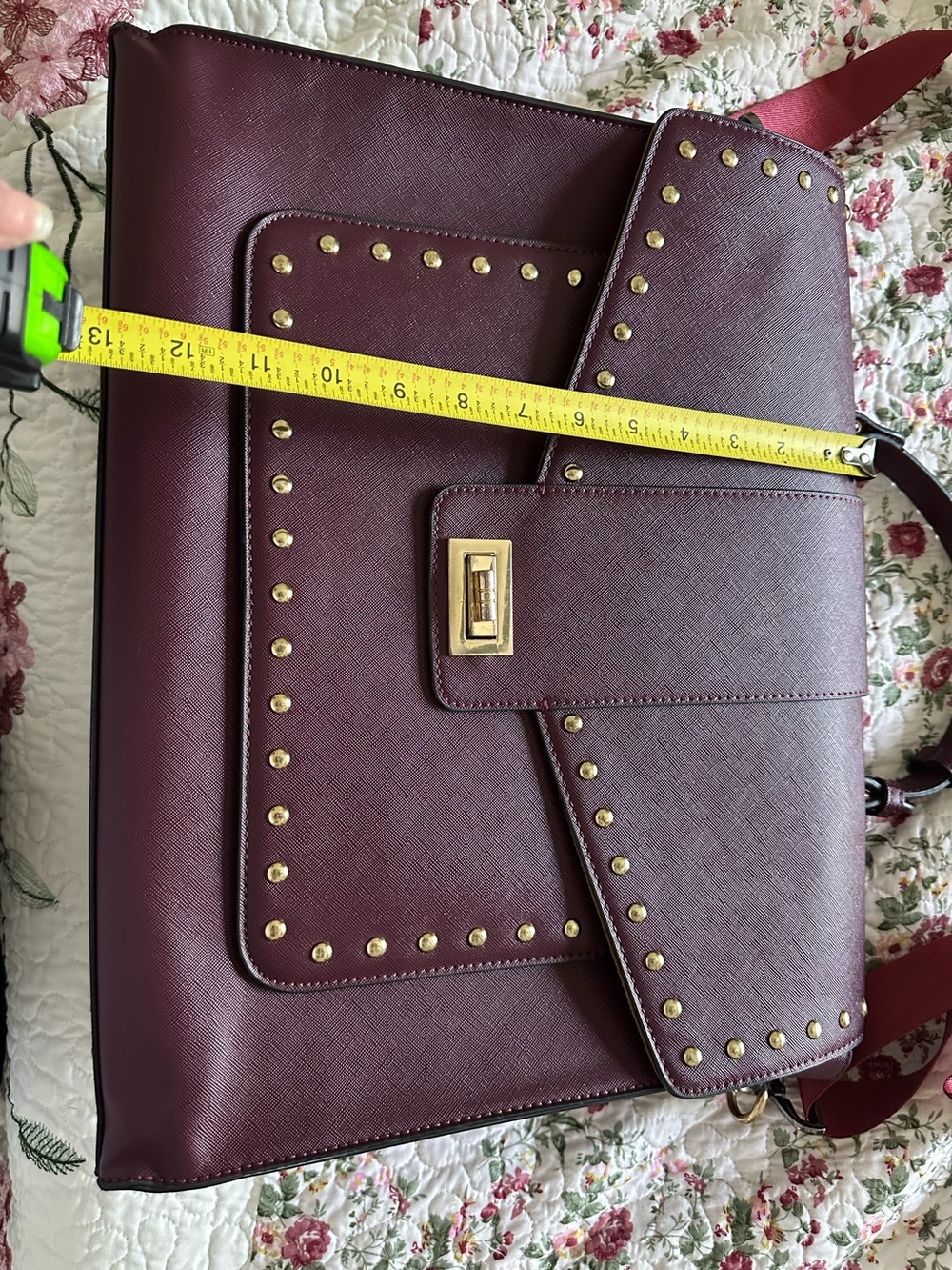 Studded Burgundy Women's Crossbody Satchel Briefcase Laptop Bag - Picture 4 of 7